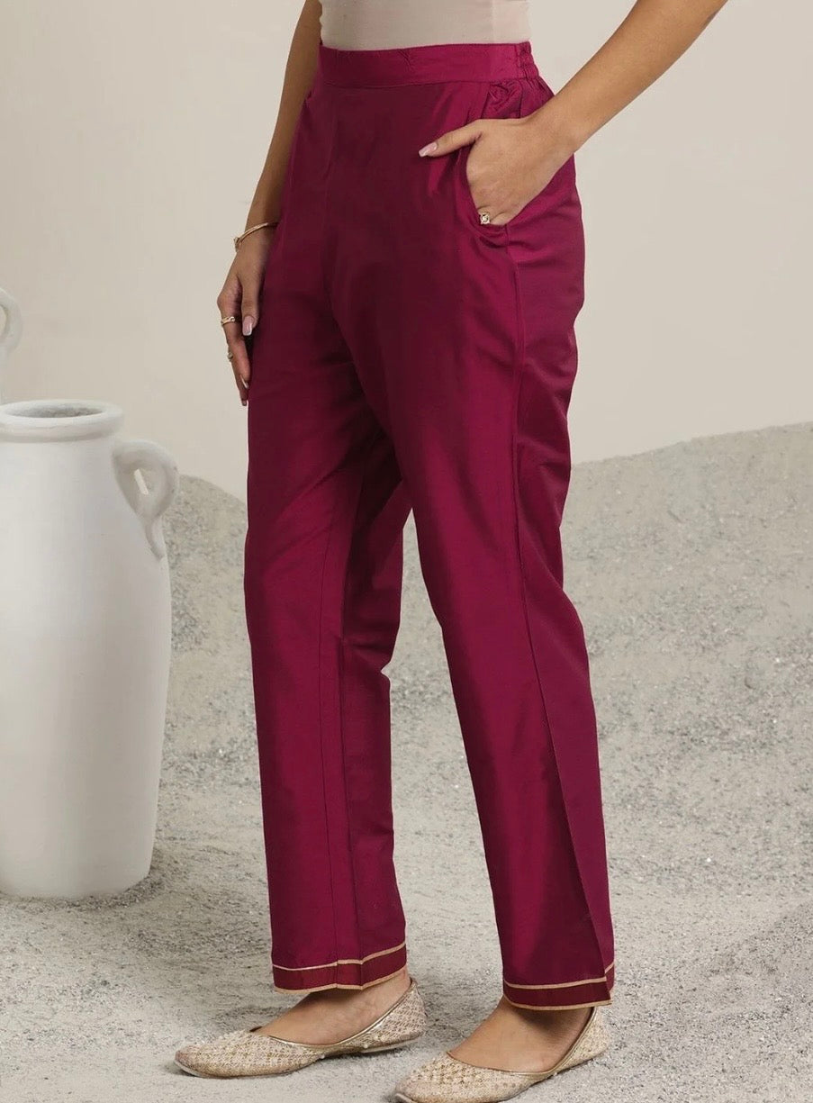 Pink Solid Silk Blend Straight Suit