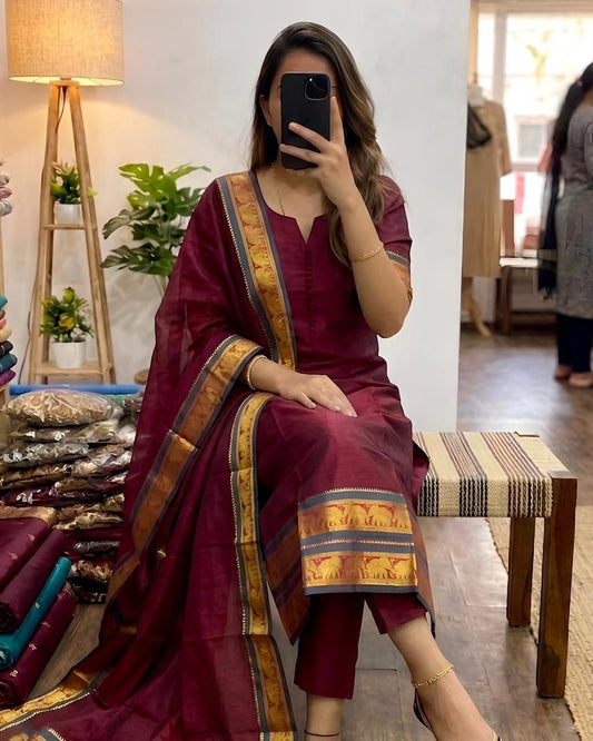 Maroon Kanchi Cotton Kurti Set
