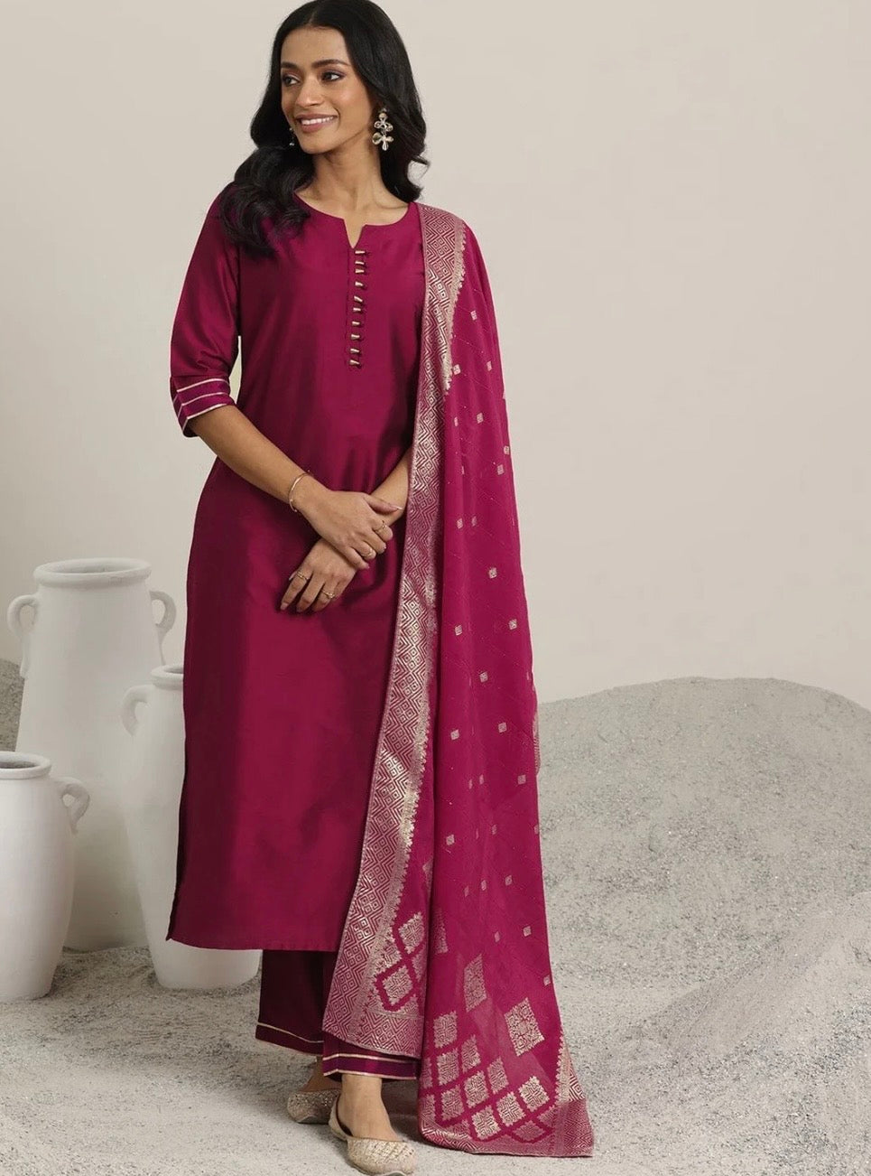 Pink Solid Silk Blend Straight Suit