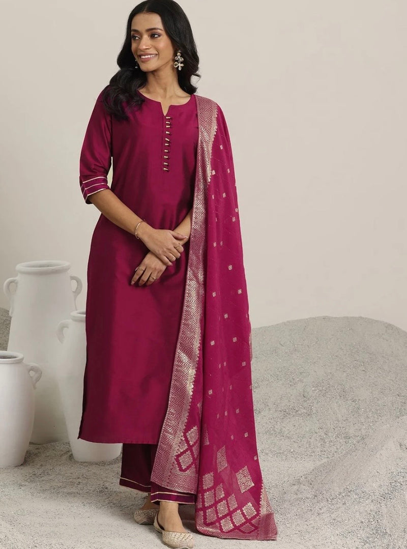 Pink Solid Silk Blend Straight Suit