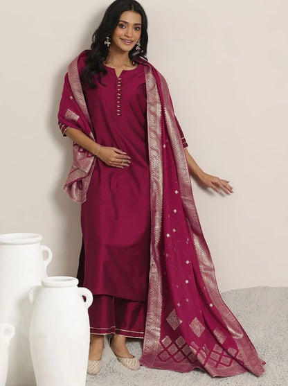 Pink Solid Silk Blend Straight Suit