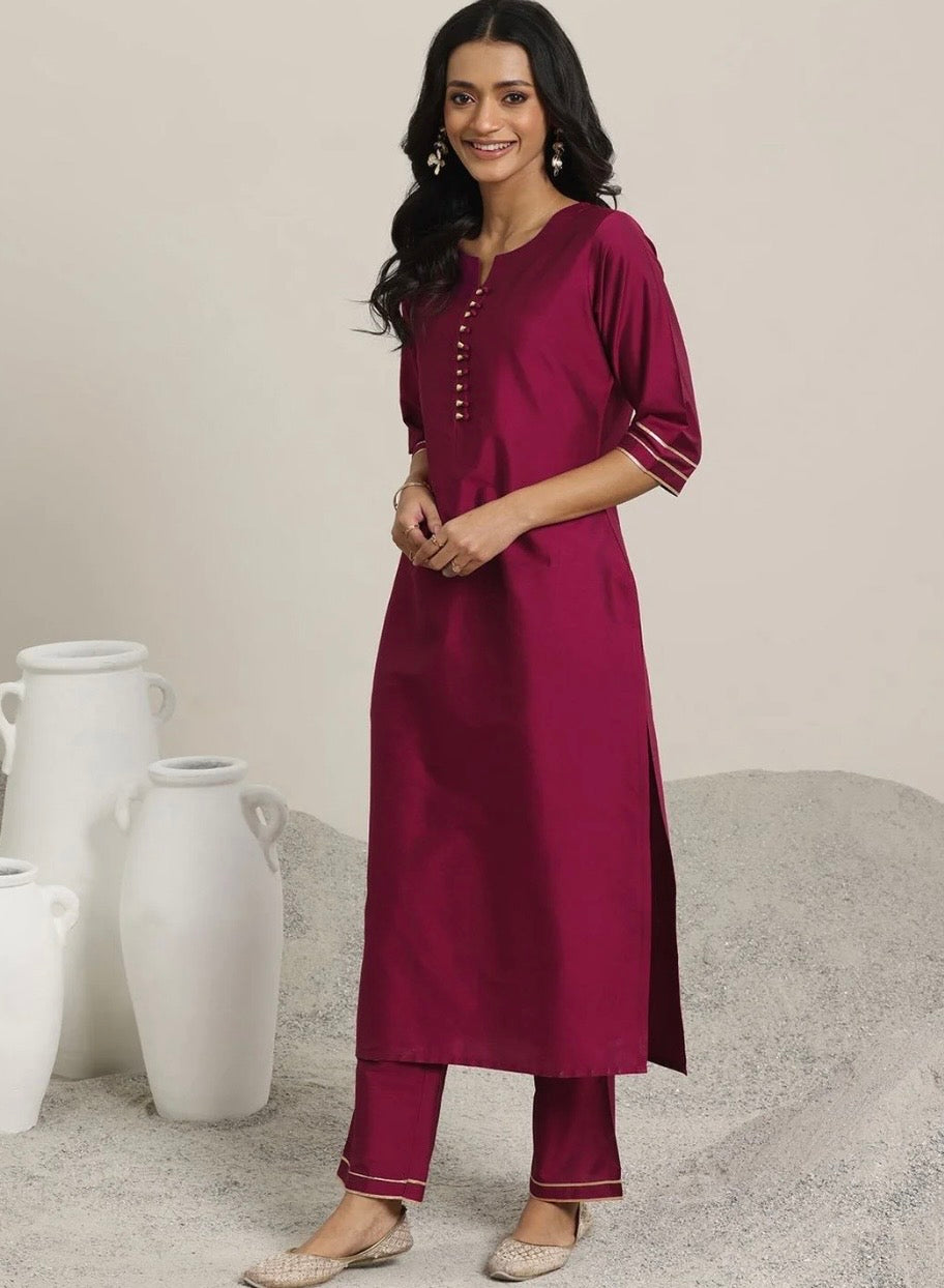 Pink Solid Silk Blend Straight Suit