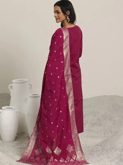 Pink Solid Silk Blend Straight Suit