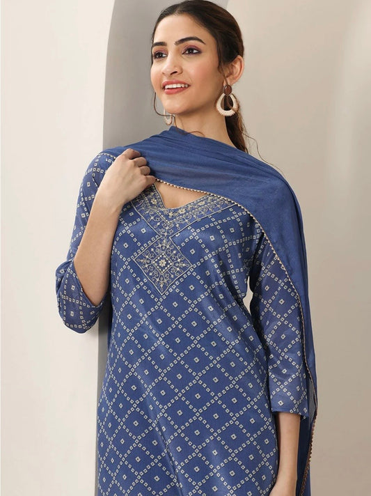 3-Piece Blue Straight Kurta Set