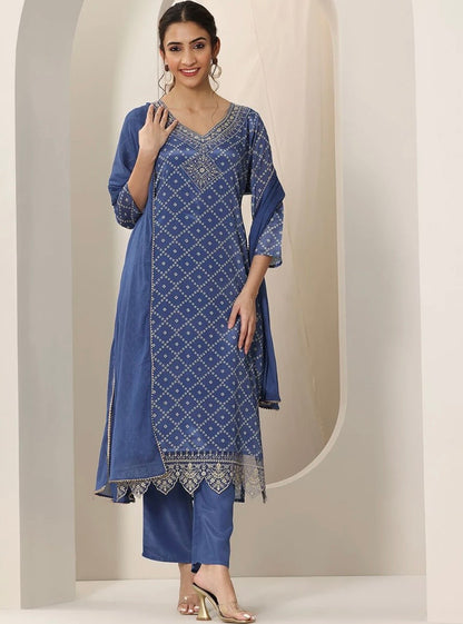 3-Piece Blue Straight Kurta Set