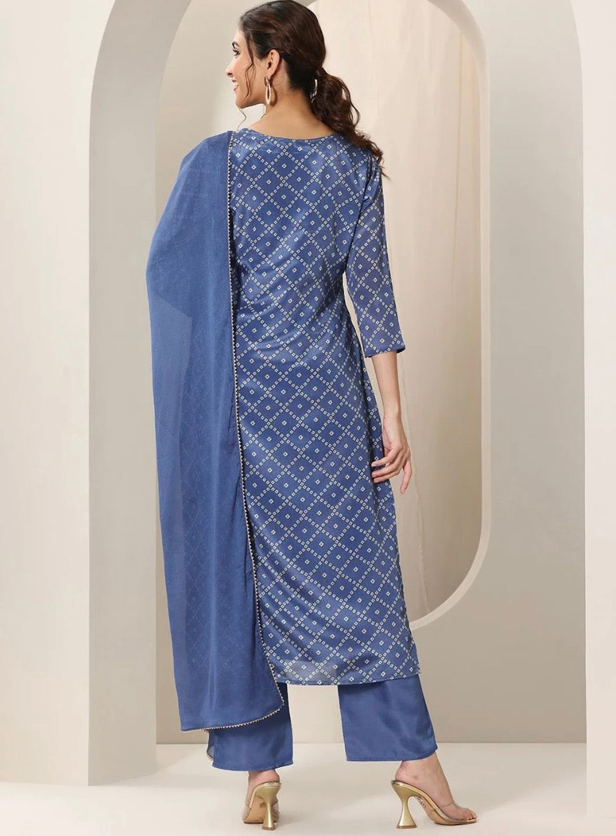 3-Piece Blue Straight Kurta Set
